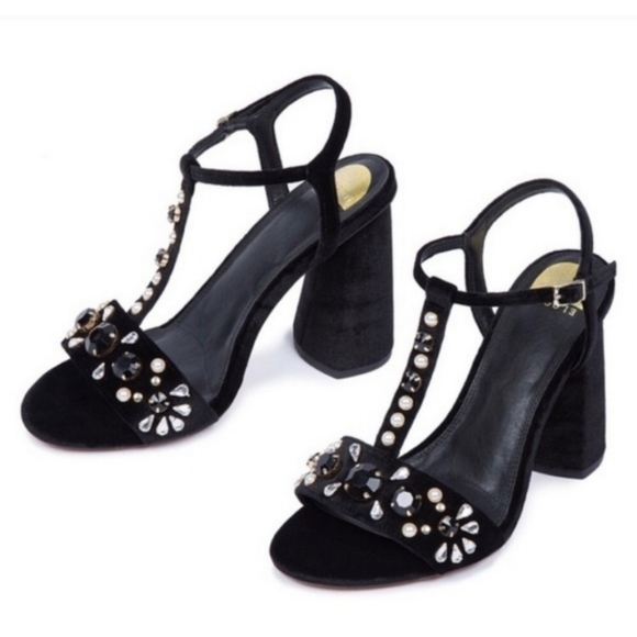 NIB Eloquii T-Strap 4" High Heeled Chucky Heel Velvet Beaded Shoes 10W - Picture 2 of 8